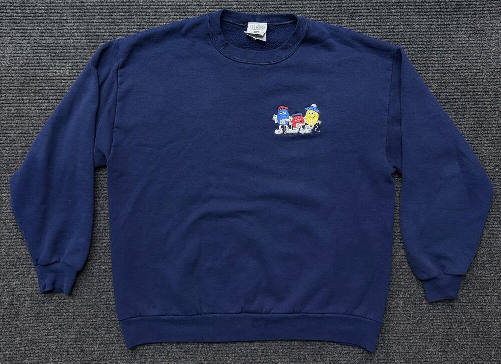 Vintage M&Ms Sweatshirt Adult XL - Embroidered Candy Characters - Blue 90s